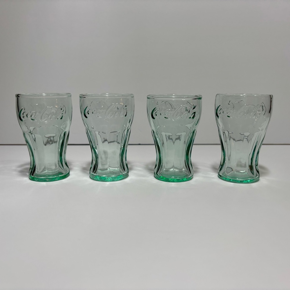 Coca Cola Vintage Mini Coke Shot Glasses 3" Tall 2oz Green Tint Embossed Mint